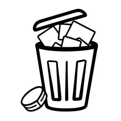 Open trash bin with overflowing garbage and lid beside it  