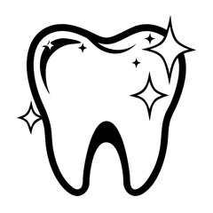 Tooth icon with sparkle effect in simple black outline design  