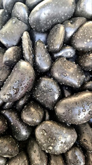 Macro shot of glossy black pebbles covered in water droplets. A rich texture ideal for design themes like wellness, zen, or abstract nature.