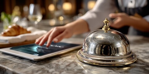 Hotel receptionist using digital tablet managing booking in luxury hotel lobby