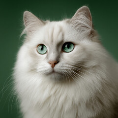 Fototapeta premium White fluffy cat with green eyes and a cute face on a green background