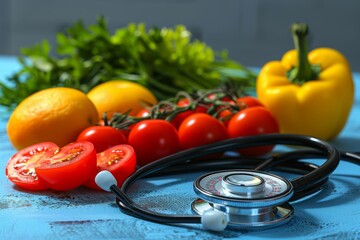 Healthy food choices as a foundation for wellness with fresh vegetables and a stethoscope on a blue table