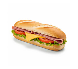 Przekrojona Kanapka z plasterkiem wędliny, plasterkiem sera, sałatą i pomidorem na białym tle.