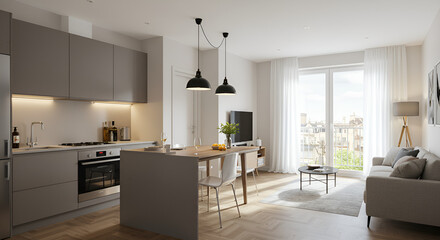 Small and stylish, open plan apartment with kitchen, dining area and living room in one
