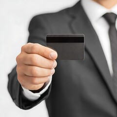 A businessman in a suit holding a black credit card out in front of him in his hand