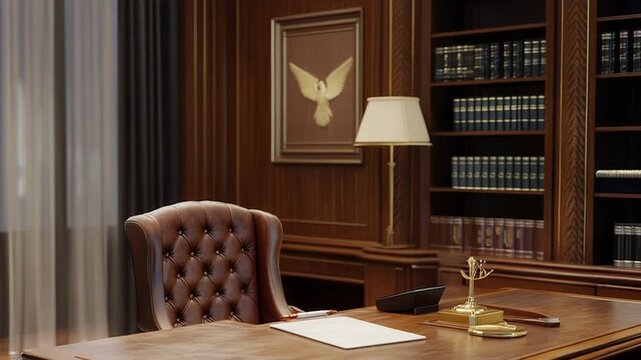 Luxurious office interior with leather chair and wooden desk