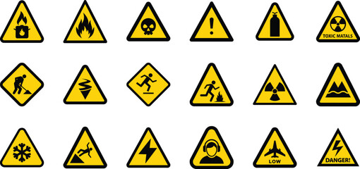 Collection of various yellow warning signs and hazard symbols isolated on a transparent background, representing danger and safety precautions