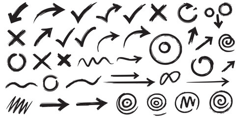 Arrow and symbol doodles, hand drawn vector set of checkmarks x marks circles arrows spirals infinity signs scribbles and sketch elements for creative design or highlight use

