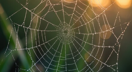 Obraz premium Dew-Kissed Spiderweb: Glistening Droplets on Delicate Strands at Sunrise
