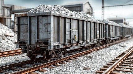 Stationary freight wagons filled with white gravel at a railway depot under bright daylight

