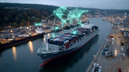 Cargo ship loading at hightech seaport futuristic environment with neon lights urban perspective