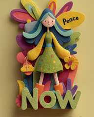 Colorful illustration of a girl holding flowers with peace sign and slogan "NOW"