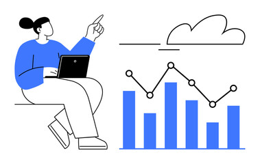 Woman sitting with laptop, pointing to cloud above bar chart and trend line. Ideal for data analysis, cloud computing, progress tracking, technology, business strategy, forecasting, and analytics