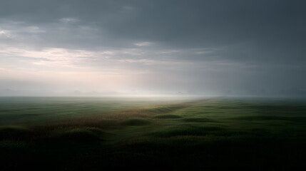 Fototapeta premium Misty Landscape: A serene landscape is enshrouded in a gentle mist, with an overcast sky casting a subdued glow over the grassy terrain.