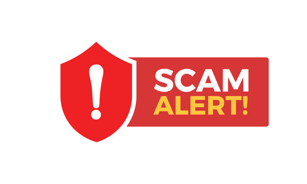 Red Shield Scam Alert Icon – Exclamation Mark Warning Label on White Background-