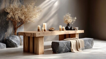 Stacked towels with candles and decorative elements create a serene atmosphere on an elegant wooden table, enhancing luxury appeal