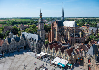 Panoramic view over the Belfry and old market square of of Veurne, West Flemish Region, Belgium
