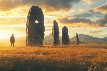 Massive prehistoric stones rising from grassy windy field