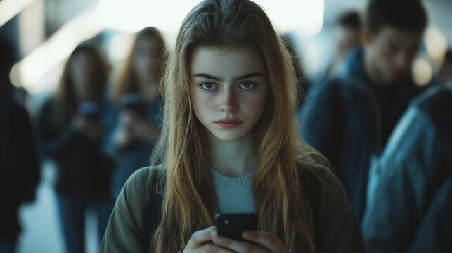 Teen girl in school atmosphere looking indifferently at camera holding phone in hands. new generation concept. alienation