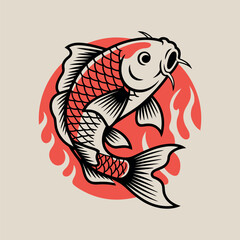 Koi Fish Illustration with Flames and Circle Background Japanese Carp Symbolism Asian Culture Traditional Art Tattoo Design