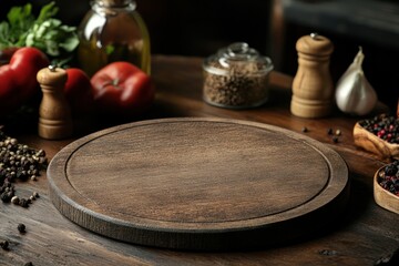 Obraz premium Wooden cutting board on rustic table with tomatoes herbs and spices food prep