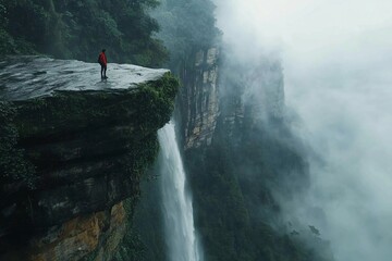 Adventurer gazing over vast cascading waterfall from cliff