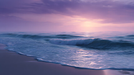 Fototapeta premium Serene Ocean Dawn: The soft hues of dawn paint the sky as gentle waves caress the shore, capturing the essence of peace and tranquility.