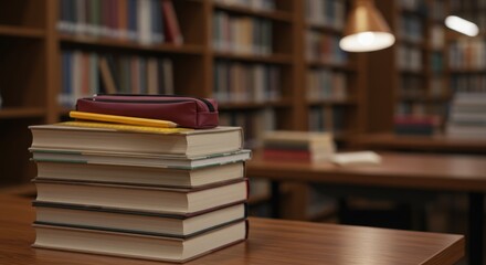 Fototapeta premium Stack of Books on Desk with Open Textbook and Background Shelves
