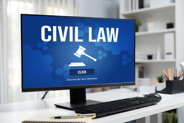 Civil law brisk information showing on computer screen for Common Justice Legal Regulation Rights...