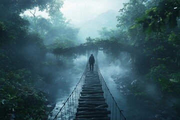Adventurer balancing while crossing jungle stream on tree bridge