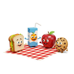 Happy cartoon sandwich, juice, apple, and cookie 