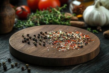 Spices and herbs on a wooden board for cooking and seasoning food dishes