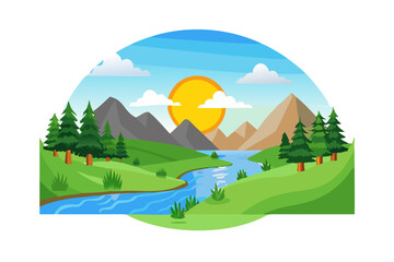 Obraz premium Vibrant cartoon landscape with a winding river and majestic mountains under a sunny sky