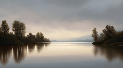 Serene Lake Reflection: An idyllic waterscape, a tranquil lake mirrors the overcast sky, flanked by misty trees, exuding serenity and calm. Capturing nature's beauty.