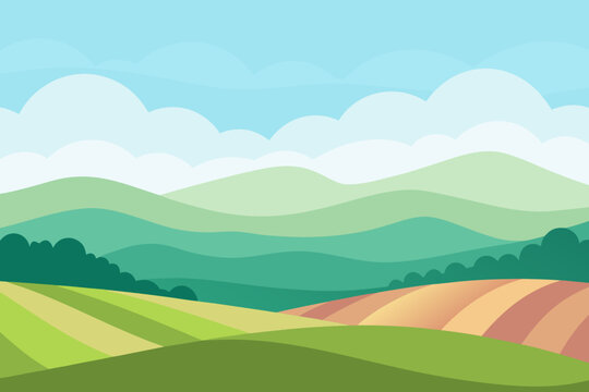 Rolling hills and cultivated fields under a cloudy sky