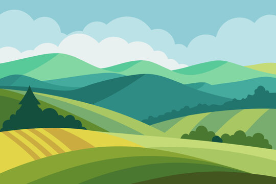 Stylized rolling hills landscape with clouds and farm fields