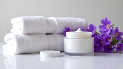 Lavender flowers and cream on a soft towel