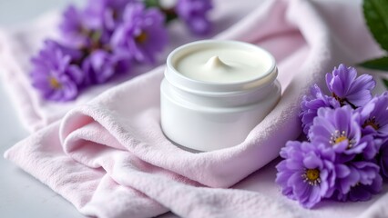 Lavender flowers and cream on a soft towel