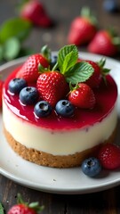 Delicious fruit-topped cheesecake served with fresh berries in a vibrant dessert display