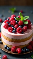 Delicious fruit-topped cheesecake served with fresh berries in a vibrant dessert display
