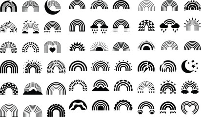 Monochrome Rainbow Silhouette Icon Set – Minimal Arch Design Black and White Rainbow Icon Collection – Trendy Silhouette Set