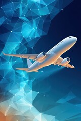 Fototapeta premium Airplane flying through geometric abstract art with futuristic blue background