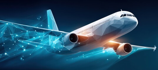 Modern airplane depicted in dynamic low-poly style on a digital background