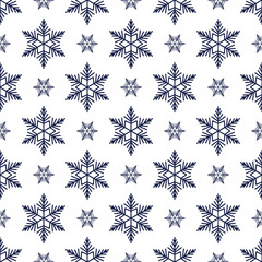 Snowflakes seamless pattern, detailed hand drawn vector line illustration. Graphic outline doodle drawing. Christmas and New Year background for frosty winter design, gift wrapping, packaging, textile