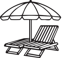 Black and white illustration of two lounge chairs under a beach umbrella