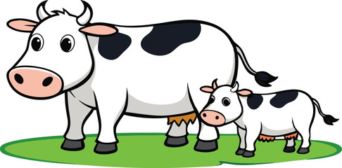 Cow illustration vector design, Cow logo and icon design, Cow and baby cow in field vector design