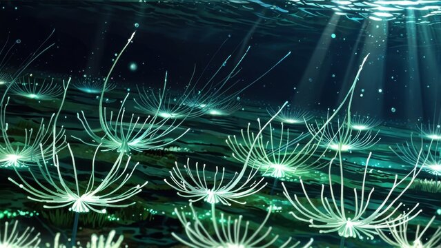 Anime Fantasy Underwater World with Bioluminescent Manga Plants and Light Beams