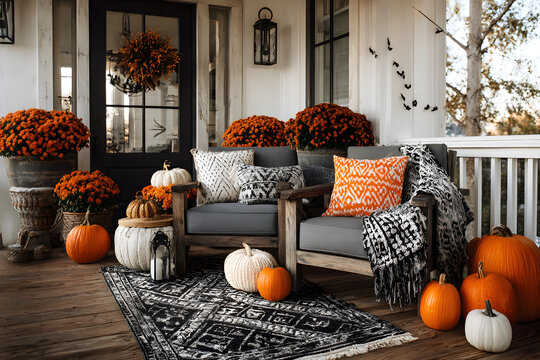 Halloween fall seasonal front porch decorations, exterior home decor, chair, pumpkins, orange and black