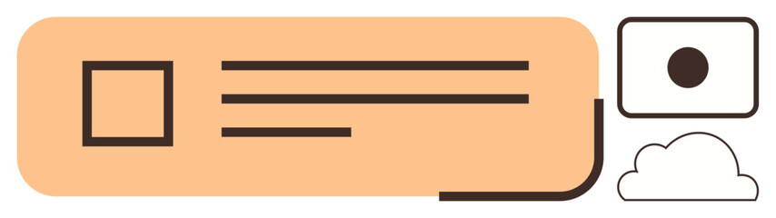 Simplified design showcasing a card layout with text lines, a photo icon, and a cloud icon. Ideal for technology, networking, media organization, cloud storage, information sharing, digital tools