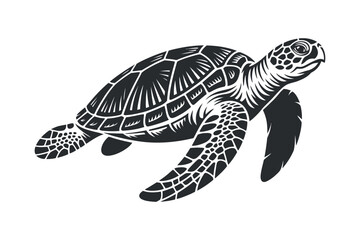 Fototapeta premium Detailed Sea Turtle Vector Illustration Swimming Underwater with Intricate Shell Pattern and Graceful Flippers in Black and White